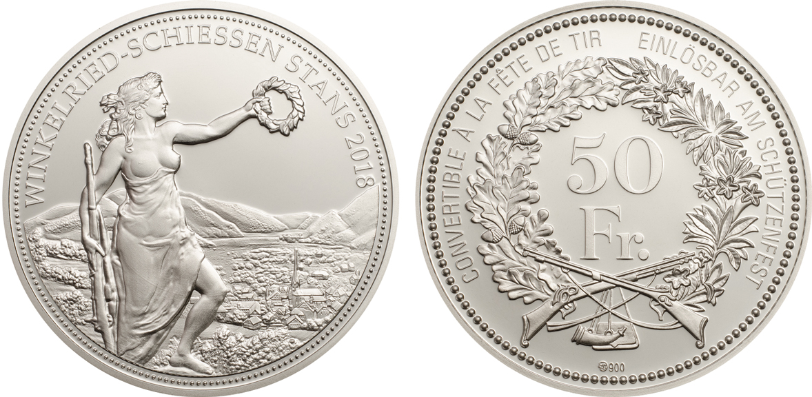 Switzerland 50 Francs 2018. Stans Shooting Taler. Silver Proof