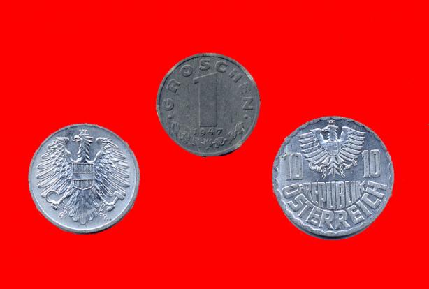 Austria 1, 2, 10 Groschen Set 1947-1957. Unc