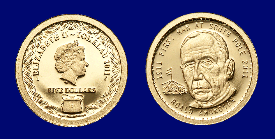 Tokelau. $5 2011. Centennial of Roald Amundsen's Journey to the South Pole. Gold Proof