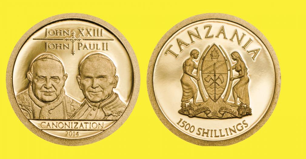 Canonization of Popes John XXIII and John Paul II. 1500 Shillings 2014. Gold Proof