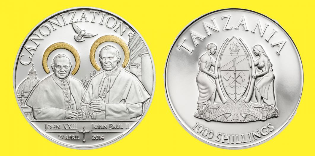 Canonization of Popes John XXIII and John Paul II. 1000 Shillings 2014. Silver Proof
