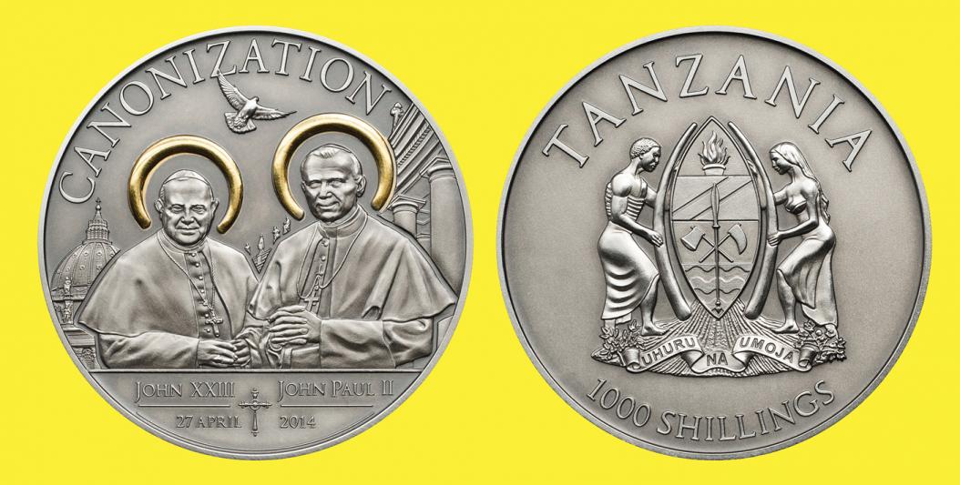 Canonization of Popes John XXIII and John Paul II. 1000 Shillings 2014. Silver Antique finish