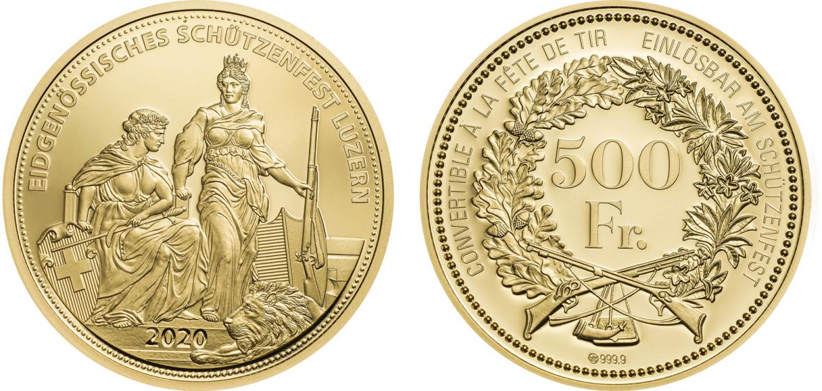 Switzerland Shooting Taler. 500 Francs 2020. Gold Proof