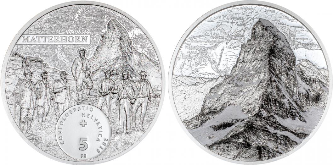 Switzerland. 5 Francs 2025. 1st Climb of the Matterhorn. Silver Proof