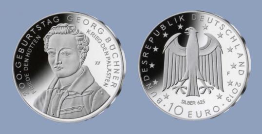 Germany. 10 2013. 200th Anniversary of the Birth of Georg Bchner (1813-37). Silver Proof