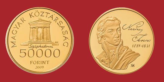 Hungary. 50,000 Forint 2009.  250th Birthday of Ferenc Kazinczy. Gold Proof