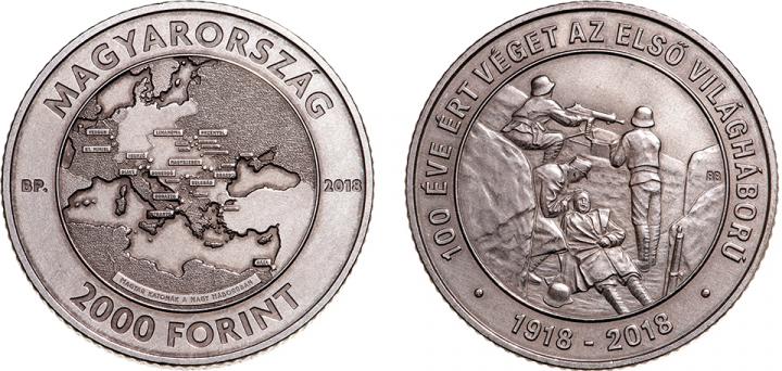 Hungary 2,000 Forint 2018. 100th Anniversary of the End of World War I. Copper-nickel BU