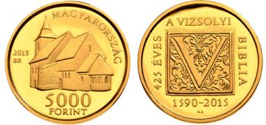 Hungary 5,000 Forint 2015. 425th anniversary of the first translation of the Bible into Hungarian. Gold Proof