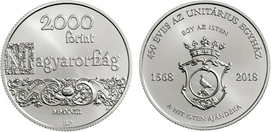 Hungary 2,000 Forint 2018. 450 Years of the Unitarian Church. Copper-nickel BU