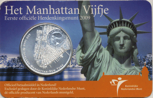 Netherlands €5 2009. 400th Anniversary of Manhattan. BU Coincard