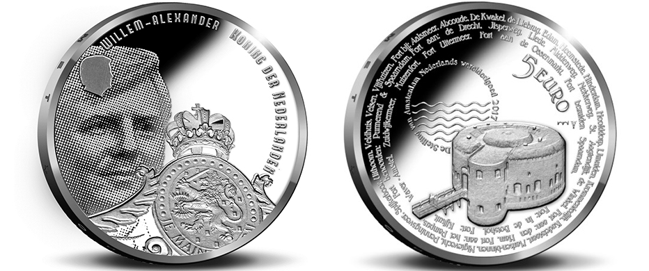 Netherlands €5 2017. Defense Line of Amsterdam. Silver Plated Uncirculated