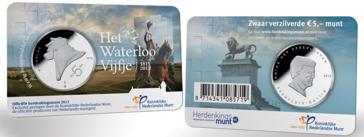 Netherlands 5 2015. 200th anniversary Battle of Waterloo & Kingdom of the Netherlands. Silver plated Unc