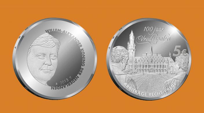 Netherlands 5 2013. Centennial of the Peace Palace. Silver-plated Unc.