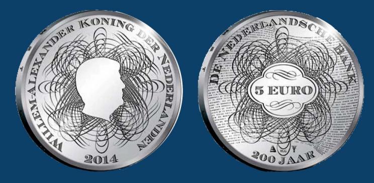 Netherlands 5 2014. 200th Anniversary of the Netherlands Central Bank.. Silver plated Unc.