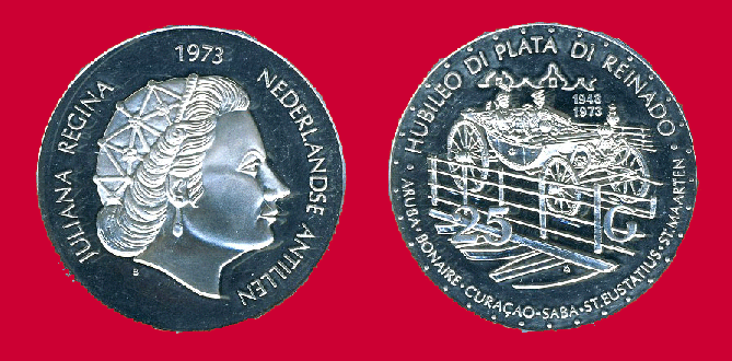 Netherlands Antilles 25 Gulden 1973. 25th Anniversary Reign of Queen Juliana. Proof