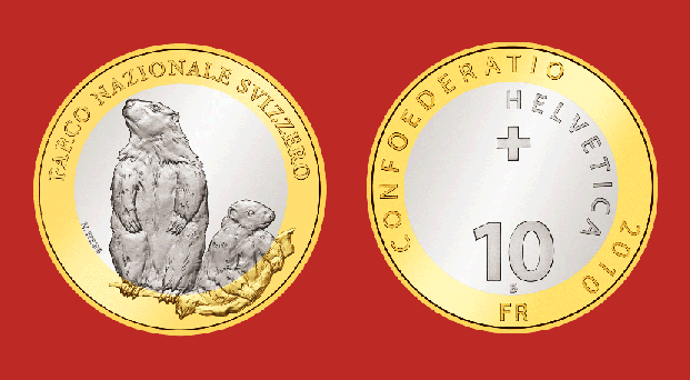 Switzerland. 10 Francs. Bimetal. Alpine Marmot. Uncirculated