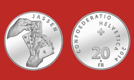 Switzerland. 20 Francs 2014. National sport: The Jass card game. Silver Uncirculated