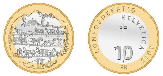 Switzerland. 10 Francs 2015. Descent from Alpine Pastures. 