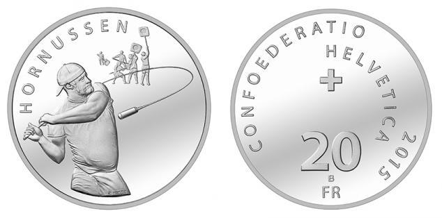 Switzerland 20 Francs 2015. Hornhussen. Silver BU