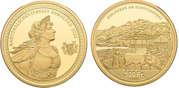 Switzerland 500 Francs 2023, Obwalden Shooting Festival. Gold Proof